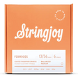 The image shows a package of Stringjoy Foxwoods coated phosphor bronze acoustic guitar strings. The orange/coral box features white lettering with the Stringjoy logo in script font. It’s a 6-string set, gauge 13/56, balanced medium tension, with gauges .013 to .056. A "Made in Nashville" badge indicates American-made quality. The coated strings offer warm tone and durability.