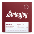 The image shows a package of Stringjoy Naturals phosphor bronze mandolin strings, light gauge 10/38, with 8 loop-end strings (.010/.010, .014/.014, .024/.024, .038/.038) for a standard mandolin. The elegant burgundy box features white "Stringjoy" script, a "Made in Nashville" logo in the top right, and product specs on a white label at the bottom.