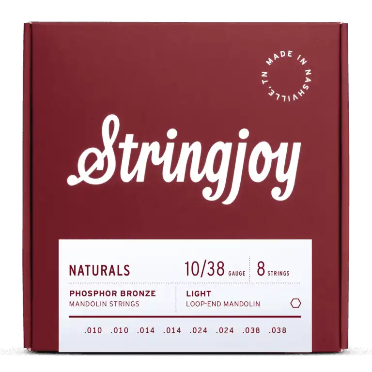 The image shows a package of Stringjoy Naturals phosphor bronze mandolin strings, light gauge 10/38, with 8 loop-end strings (.010/.010, .014/.014, .024/.024, .038/.038) for a standard mandolin. The elegant burgundy box features white "Stringjoy" script, a "Made in Nashville" logo in the top right, and product specs on a white label at the bottom.