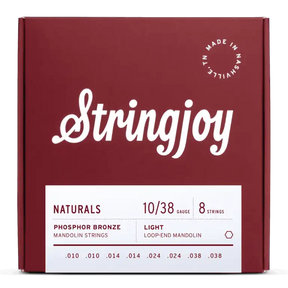 The image shows a package of Stringjoy Naturals phosphor bronze mandolin strings, light gauge 10/38, with 8 loop-end strings (.010/.010, .014/.014, .024/.024, .038/.038) for a standard mandolin. The elegant burgundy box features white "Stringjoy" script, a "Made in Nashville" logo in the top right, and product specs on a white label at the bottom.