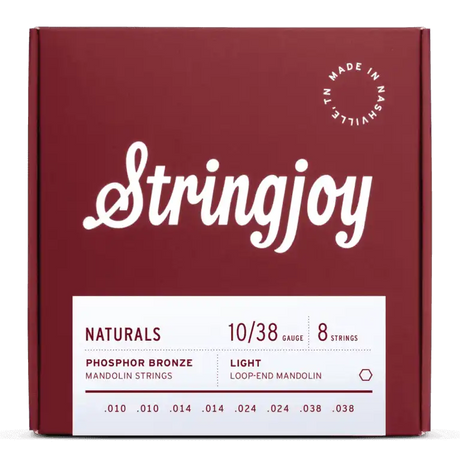 The image shows a package of Stringjoy Naturals phosphor bronze mandolin strings, light gauge 10/38, with 8 loop-end strings (.010/.010, .014/.014, .024/.024, .038/.038) for a standard mandolin. The elegant burgundy box features white "Stringjoy" script, a "Made in Nashville" logo in the top right, and product specs on a white label at the bottom.