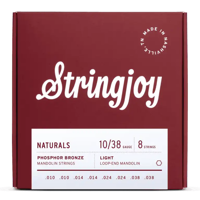 The image shows a package of Stringjoy Naturals phosphor bronze mandolin strings, light gauge 10/38, with 8 loop-end strings (.010/.010, .014/.014, .024/.024, .038/.038) for a standard mandolin. The elegant burgundy box features white "Stringjoy" script, a "Made in Nashville" logo in the top right, and product specs on a white label at the bottom.