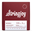 The image shows a package of Stringjoy mandolin strings in a deep red box. It features 8 phosphor bronze strings (gauge 11/40) for a loop-end mandolin, with pairs .011, .015, .026, and .040. The box displays clean typography, a "Made in Nashville" logo, and the "Naturals" product line label, highlighting a warm and durable string set for acoustic mandolins.