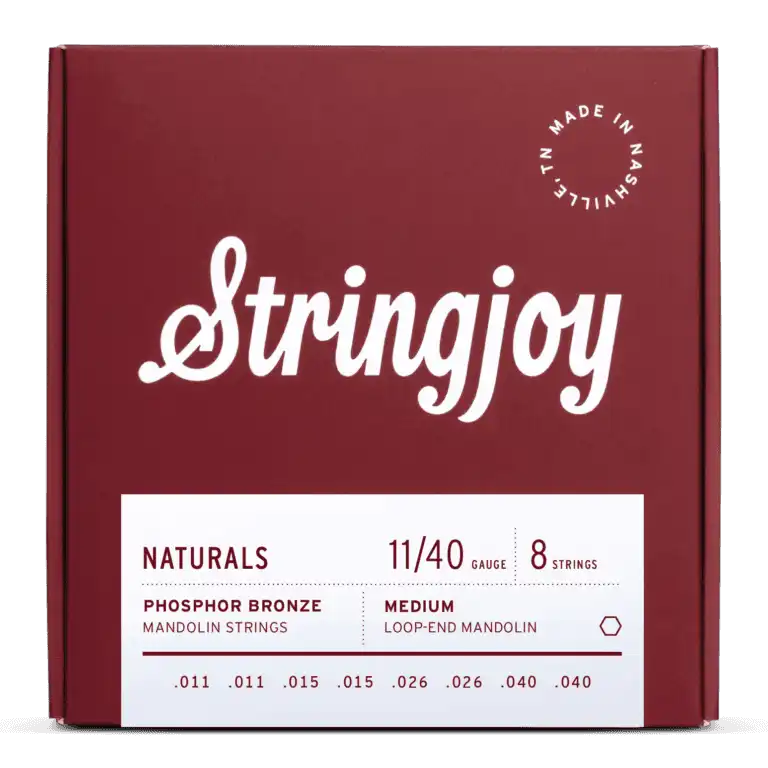 The image shows a package of Stringjoy mandolin strings in a deep red box. It features 8 phosphor bronze strings (gauge 11/40) for a loop-end mandolin, with pairs .011, .015, .026, and .040. The box displays clean typography, a "Made in Nashville" logo, and the "Naturals" product line label, highlighting a warm and durable string set for acoustic mandolins.