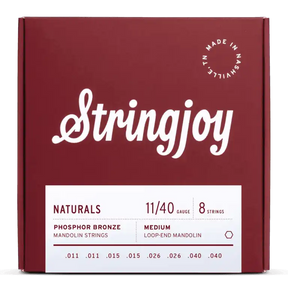 The image shows a package of Stringjoy mandolin strings in a deep red box. It features 8 phosphor bronze strings (gauge 11/40) for a loop-end mandolin, with pairs .011, .015, .026, and .040. The box displays clean typography, a "Made in Nashville" logo, and the "Naturals" product line label, highlighting a warm and durable string set for acoustic mandolins.