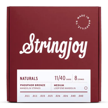 The image shows a package of Stringjoy mandolin strings in a deep red box. It features 8 phosphor bronze strings (gauge 11/40) for a loop-end mandolin, with pairs .011, .015, .026, and .040. The box displays clean typography, a "Made in Nashville" logo, and the "Naturals" product line label, highlighting a warm and durable string set for acoustic mandolins.
