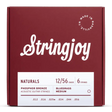 The image shows a package of Stringjoy acoustic guitar strings from the "Naturals" line. It features a burgundy box with white script, a "Made in Nashville, TN" stamp, and a white label with specs. The set includes 6 phosphor bronze strings, gauge 12/56 (medium), with tensions labeled "Bluegrass Medium," designed for warm tone and balanced playability.