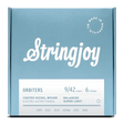 The image shows a package of Stringjoy Orbiters electric guitar strings, gauge 9-42, a 6-string set of balanced super light coated nickel wound strings. The box features a modern blue-gray design with white text and a "Made in Nashville" stamp. These premium strings offer easier playability and extended life, ideal for players seeking light tension and good tone.