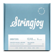 The image shows a package of Stringjoy Orbiters electric guitar strings, gauge 10/48, 6-string set. These are coated nickel wound strings with Balanced Light tension. The packaging features a blue-gray design with white text, a "Made in Nashville" logo in the top right, and the string gauges (.010, .0135, .017, .026w, .036, .048) listed at the bottom. These premium strings offer durability and balanced tension for optimal playability.