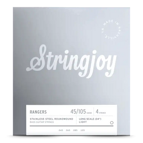 The image shows a package of Stringjoy "Rangers" bass guitar strings. It features 4 light-tension, long-scale (34") stainless steel roundwound strings with gauges of .045, .065, .085, and .105. The packaging has a minimalist gray background with white text and the Stringjoy logo in elegant script, plus a small circular logo in the upper right corner.