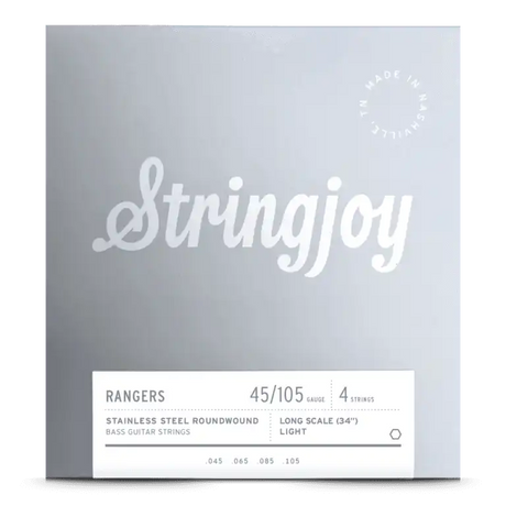 The image shows a package of Stringjoy "Rangers" bass guitar strings. It features 4 light-tension, long-scale (34") stainless steel roundwound strings with gauges of .045, .065, .085, and .105. The packaging has a minimalist gray background with white text and the Stringjoy logo in elegant script, plus a small circular logo in the upper right corner.