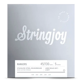 The image shows a package of Stringjoy "Rangers" 5-string bass guitar strings with a minimalist gray design and white text. The strings are stainless steel roundwound, light gauge 45-130, for long scale (34") basses. Individual string gauges (.045, .065, .085, .105, .130) are listed at the bottom. The Stringjoy logo is in the top right corner.