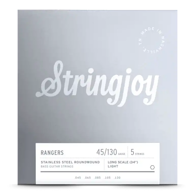 The image shows a package of Stringjoy "Rangers" 5-string bass guitar strings with a minimalist gray design and white text. The strings are stainless steel roundwound, light gauge 45-130, for long scale (34") basses. Individual string gauges (.045, .065, .085, .105, .130) are listed at the bottom. The Stringjoy logo is in the top right corner.
