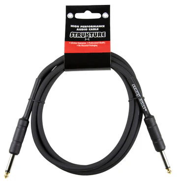 The image shows a black "Structure" brand guitar cable with 1/4 inch TS connectors on both ends. It is an instrument cable used to connect electric guitars, basses, or other electric instruments to amplifiers or effects. The retail packaging labels it as "high performance." The cable is coiled and appears to be a standard length of about 10-20 feet, suitable for stage or studio use.