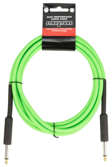 The image shows a bright neon green Strukture instrument cable with black 1/4" (6.35mm) TS connectors on both ends. Designed for high-performance audio, it's ideal for electric guitars and other instruments. The cable is long enough for stage or studio use, and its vibrant color enhances visibility in low-light settings, making it easy to identify and manage connections.