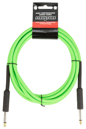 The image shows a bright neon green Strukture instrument cable with black 1/4" TS connectors on both ends. Designed for high-performance audio use, it’s ideal for electric guitars and other instruments. The cable’s vibrant color ensures easy visibility on stage, and its length suits both studio and live settings. Packaged professionally, it connects instruments to amps, pedals, or audio gear, combining functionality with striking aesthetics.