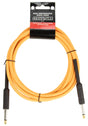 The image shows a bright orange/yellow coiled guitar cable with 1/4 inch (6.35mm) jack connectors on both ends. It includes retail packaging at the top and is designed for connecting electric guitars, basses, keyboards, and other electronic instruments to amplifiers, pedals, or audio interfaces. This common instrument cable is essential for electric stringed and electronic music equipment.