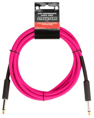 The image shows a bright pink/magenta high-performance guitar cable with 1/4" (6.35mm) jack plugs on both ends. Branded "Structure" as seen on the packaging, the coiled cable is about 10-20 feet long. Its vibrant color helps it stand out on dark stages, making it both a stylish and practical instrument cable for electric guitars, basses, and other electric instruments.