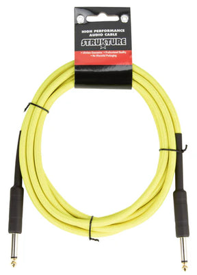 The image shows a coiled bright yellow-green Strukture guitar cable with black 1/4" (6.35mm) mono jack plugs on both ends. It is packaged with retail branding at the top. This instrument cable connects electric guitars, basses, and other electric instruments to amplifiers, pedals, or audio interfaces, making it an essential accessory for musicians.