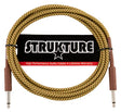 The image shows a Strukture high-performance instrument cable with a gold/yellow braided fabric exterior for durability and style. It features 1/4" TS connectors on both ends, standard for electric guitars, basses, and keyboards. The cable is labeled "High Performance Audio Cable" with a "Lifetime Warranty," highlighting its professional build quality, ideal for live and studio use.