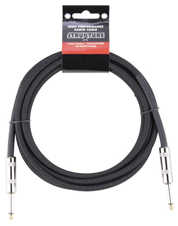 The image shows a high-quality black braided instrument cable with 1/4" (6.35mm) phone plugs on both ends, commonly used for electric guitars, basses, and other instruments. It is packaged with a black header card displaying product information. The braided design indicates durability and reduced interference, making it ideal for connecting instruments to amplifiers, pedals, or audio interfaces.
