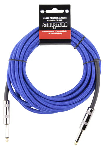 The image shows a high-performance STRUKTURE audio instrument cable with a vibrant blue braided exterior and 1/4" TS phone plugs on both ends. It is designed for electric guitars, basses, keyboards, and other instruments to connect to amps, audio interfaces, or pedals. The blue braided jacket offers durability, flexibility, and protection against interference, making it suitable for musicians and audio professionals.