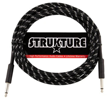 The image shows a Strukture guitar cable with black braided woven design featuring small repeated text. It has 1/4" (6.35mm) mono jack connectors on both ends, standard for electric guitars and basses. The Strukture logo is centered, with a red accent strip displaying "High Performance" and "Lifetime Warranty." This durable, high-quality cable transmits instrument signals to amplifiers or audio interfaces.