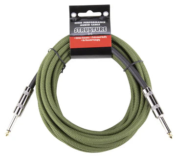 The image shows a coiled green guitar cable from Structure with 1/4 inch TS connectors on both ends. It features an olive green woven fabric outer covering for durability and nickel- or chrome-plated metal plugs. This professional-quality instrument cable is used to connect electric guitars, basses, and other electric instruments to amplifiers or audio equipment.