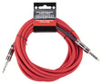The image shows a coiled red instrument cable with 1/4" TS connectors on both ends, typically used to connect electric guitars, basses, keyboards, and other instruments to amplifiers or pedals. It features retail packaging with a black header card. This cable transmits audio signals while reducing interference, making it a vital accessory in any electric instrument setup.