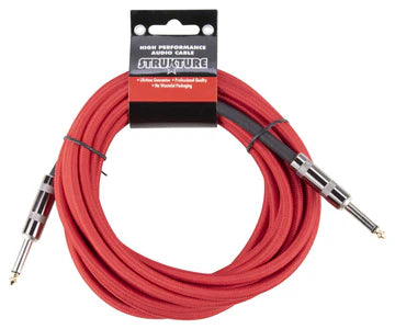 The image shows a coiled red instrument cable with 1/4" TS connectors on both ends, typically used to connect electric guitars, basses, keyboards, and other instruments to amplifiers or pedals. It features retail packaging with a black header card. This cable transmits audio signals while reducing interference, making it a vital accessory in any electric instrument setup.