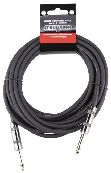 The image shows a Strukture high-performance black coiled audio cable with 1/4" (6.35mm) straight phone jack connectors on both ends. It features professional retail packaging labeled "High Performance Audio Cable." Commonly used for connecting electric instruments to amps, mixers, and audio gear, this cable is designed for clear signal transmission and reliable performance for musicians and audio professionals.