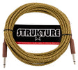 The image shows a Strukture guitar/instrument audio cable with gold and black braided outer shielding. It has 1/4" TS connectors on both ends, standard for guitars and instruments. The cable features Strukture branding and packaging labeled "High Performance Audio Cable" with a "Lifetime Warranty." Its durable braided design ensures reliable signal transmission for connecting instruments to amps, pedals, or audio equipment.