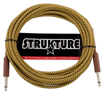 The image shows a Strukture guitar/instrument audio cable with gold and black braided outer shielding. It has 1/4" TS connectors on both ends, standard for guitars and instruments. The cable features Strukture branding and packaging labeled "High Performance Audio Cable" with a "Lifetime Warranty." Its durable braided design ensures reliable signal transmission for connecting instruments to amps, pedals, or audio equipment.