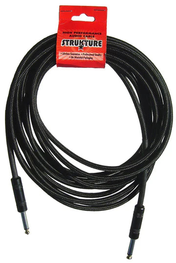 The image shows a coiled black Strukture guitar cable with 1/4" connectors on both ends. Designed for electric guitars, basses, and other instruments, it connects to amplifiers, pedals, or audio interfaces. The cable features a durable braided exterior and comes with a red header card displaying the Strukture branding and product details. This essential instrument cable is a common accessory for electric string players.
