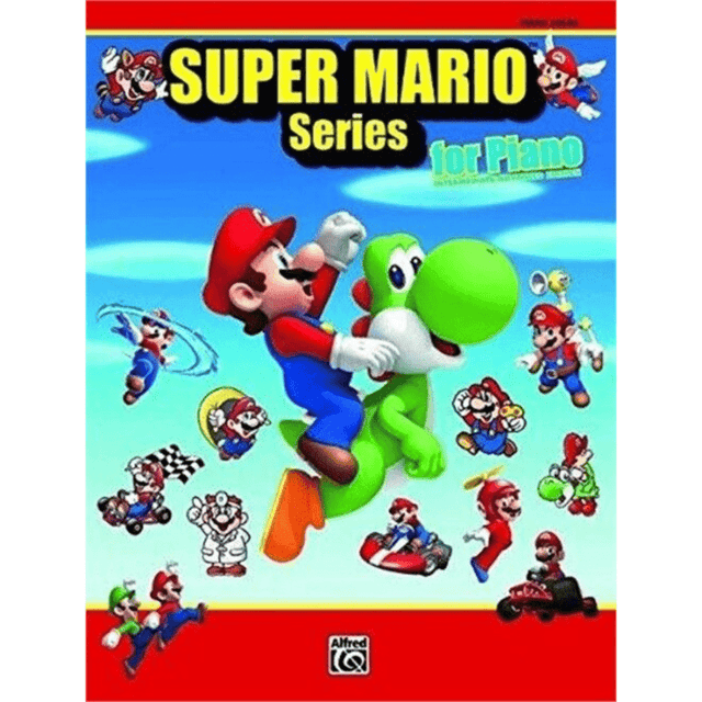 The image shows a music book titled "Super Mario Series for Piano" by Alfred Music. The cover features Mario riding Yoshi, along with Luigi and scenes from the games. It contains piano sheet music arrangements of iconic Super Mario themes, designed for piano students and enthusiasts to play familiar video game melodies.