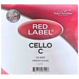 The image shows packaging for a Super-Sensitive Musical String Co. Red Label C string for a 1/2 size cello. It is a medium gauge replacement string with a red and white design, featuring the Red Label oval logo, product number 6144, barcode 752715061441, and a "Better Strings, Better Planet" seal indicating eco-friendly packaging.