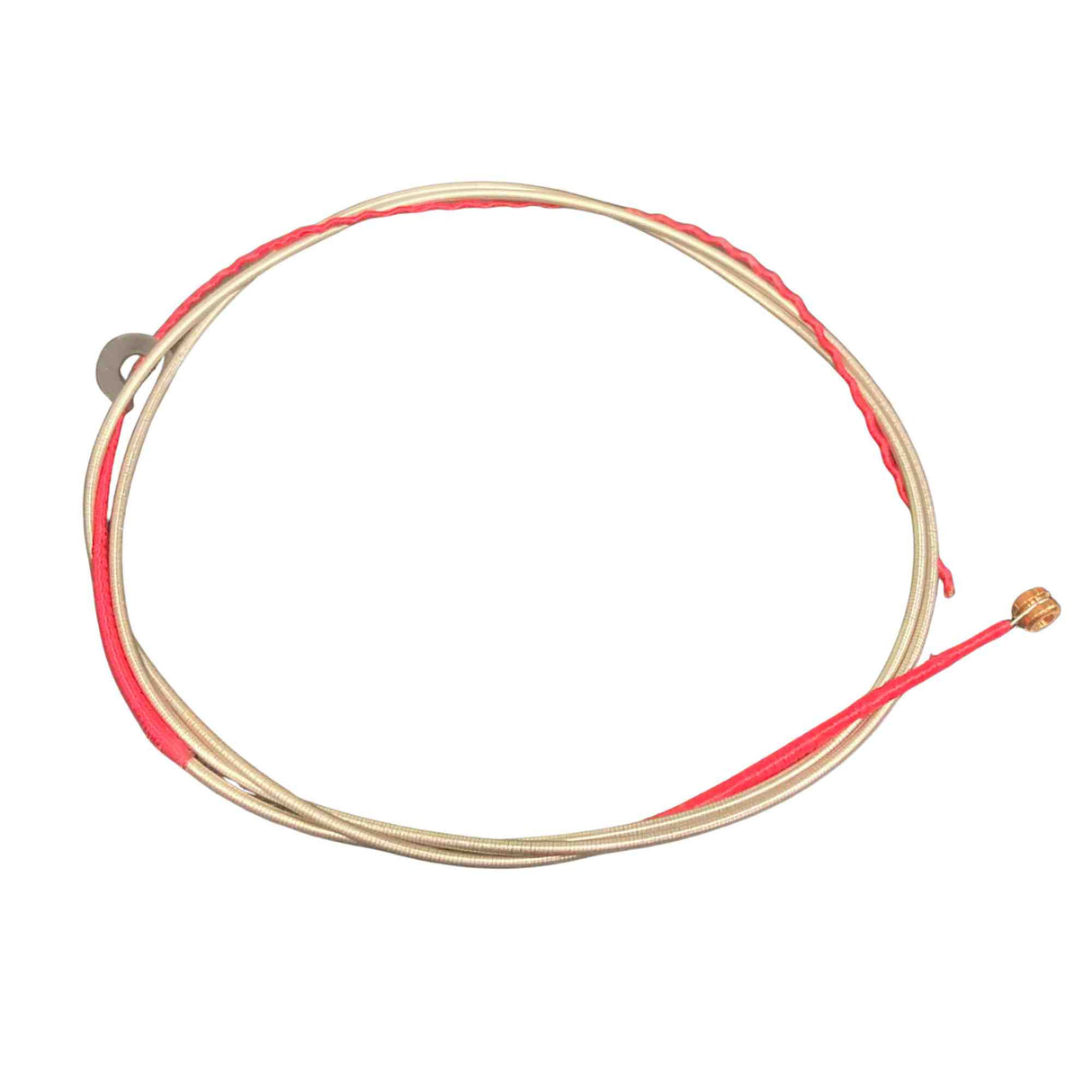 The image shows a close-up of a guitar string with a golden bronze wound wire wrapped around its core, typical of acoustic bass strings (low E, A, or D). One end features a brass-colored ball end for anchoring to the bridge. Red silk wrapping is visible, likely for string protection and identification. The string appears to be phosphor bronze or 80/20 bronze, known for warm tone and projection.