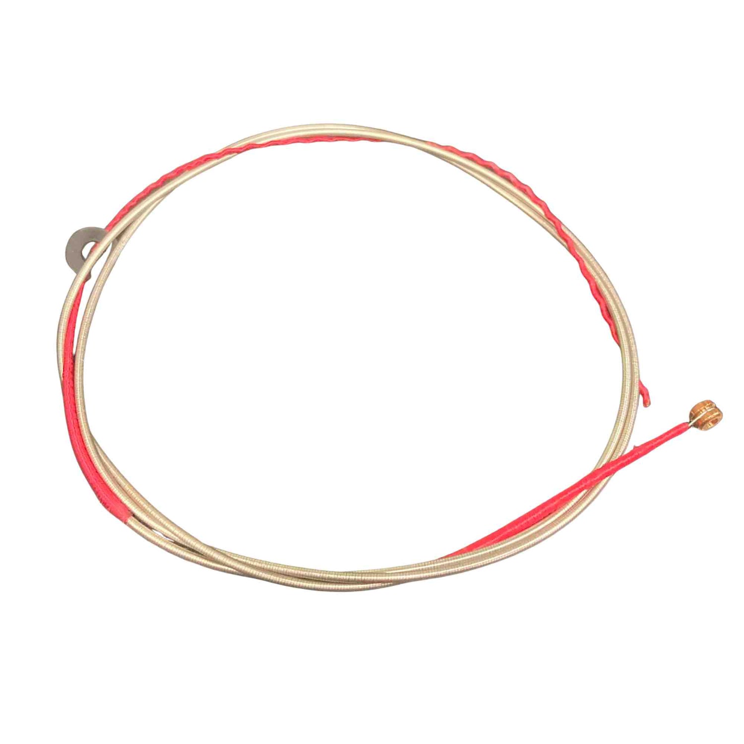 The image shows a close-up of a guitar string with a golden bronze wound wire wrapped around its core, typical of acoustic bass strings (low E, A, or D). One end features a brass-colored ball end for anchoring to the bridge. Red silk wrapping is visible, likely for string protection and identification. The string appears to be phosphor bronze or 80/20 bronze, known for warm tone and projection.