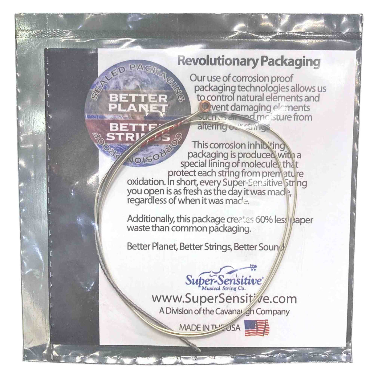 The image shows packaging for Super-Sensitive Musical String Co. guitar strings, featuring corrosion-proof, molecular-lined sealed packaging that protects against oxidation and moisture. It highlights a “Better Planet, Better Strings, Better Sound” tagline, 60% less paper waste, and sustainability efforts. Made in the USA by a Cavanaugh Company division, the packaging combines environmental care with superior string protection.