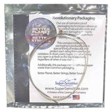 The image shows packaging for Super-Sensitive Musical String Co. guitar strings, featuring corrosion-proof, molecular-lined sealed packaging that protects against oxidation and moisture. It highlights a “Better Planet, Better Strings, Better Sound” tagline, 60% less paper waste, and sustainability efforts. Made in the USA by a Cavanaugh Company division, the packaging combines environmental care with superior string protection.