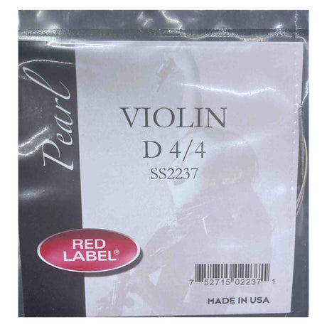 The image shows a package of Red Label violin strings, specifically a D string for a full-size 4/4 violin. The packaging includes the brand logo, model number SS2237, "Made in USA" text, and a UPC barcode. The string is wrapped in clear plastic and serves as a replacement D string for adult violinists.