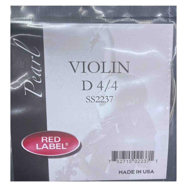 The image shows a package of Red Label violin strings, specifically a D string for a full-size 4/4 violin. The packaging includes the brand logo, model number SS2237, "Made in USA" text, and a UPC barcode. The string is wrapped in clear plastic and serves as a replacement D string for adult violinists.
