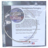 The image shows a single guitar string from Super-Sensitive’s "Better Planet, Better Strings" line, packaged in corrosion-proof, innovative packaging made in the USA. The design protects the string from air and moisture to prevent oxidation, keeps it fresh, and reduces paper waste by 60%. The string features a ball-end and appears wound, reflecting a sustainable, quality-focused approach.