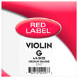 The image shows packaging for a "Red Label" G string for a 4/4 (full-size) violin, medium gauge, product number 2147. It features a red and white design with an oval logo and a barcode at the bottom. This violin string, a key replaceable accessory, is typically the third string tuned to G and is metal-wound around a core. The branding suggests a reputable manufacturer in the classical music industry.