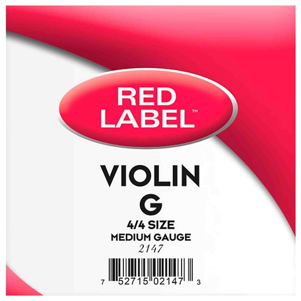 The image shows packaging for a "Red Label" G string for a 4/4 (full-size) violin, medium gauge, product number 2147. It features a red and white design with an oval logo and a barcode at the bottom. This violin string, a key replaceable accessory, is typically the third string tuned to G and is metal-wound around a core. The branding suggests a reputable manufacturer in the classical music industry.