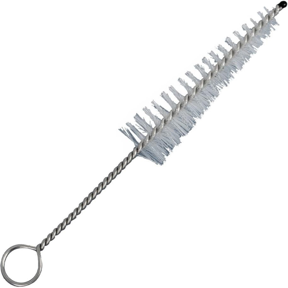 The image shows a cleaning brush designed for brass wind instruments like trumpets and trombones. It has a long, flexible twisted wire handle to navigate curved tubing, dense cylindrical white bristles that clean without scratching, and a looped handle for easy grip. This essential tool helps remove moisture and debris to maintain sound quality and instrument longevity as part of regular care.