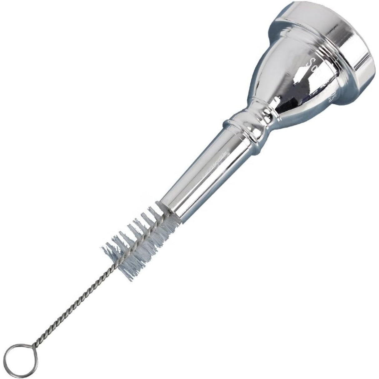 The image shows a silver-plated trumpet mouthpiece with a polished finish alongside a cleaning brush. The brush has a twisted wire handle and bristles designed to clean the inside bore and cup of the mouthpiece. This essential accessory helps brass players maintain hygiene and sound quality by removing buildup from daily use, keeping their instrument in optimal playing condition.