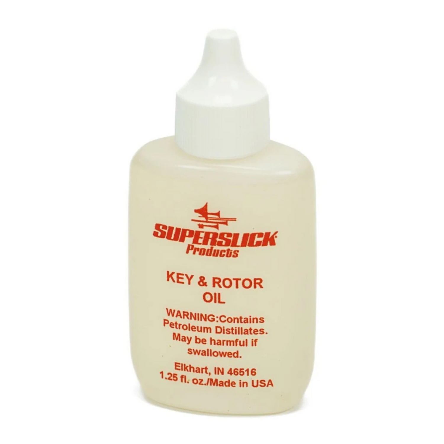 The image shows a small bottle of "Key & Rotor Oil" by Superslick Products, a lubricant for brass and woodwind instruments. It is designed to oil keys, rotors, and moving parts on instruments like trumpets, French horns, trombones, saxophones, and clarinets. The 1.25 fl. oz. squeeze bottle has a dispensing tip for precise application, helping keep instrument mechanisms smooth and preventing sticking or corrosion.