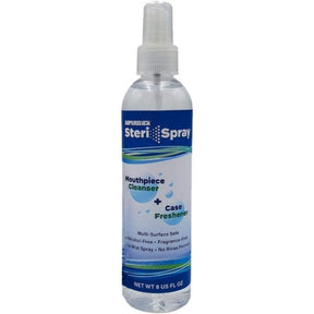 The image shows an 8 fl oz bottle of Superslick Steri Spray, a mouthpiece cleanser and case freshener for brass and woodwind instruments. It features a fine mist, alcohol-free, fragrance-free, multi-surface safe, no-rinse formula. This essential spray helps players maintain hygiene and cleanliness of mouthpieces and cases, promoting health and instrument care. Superslick is a trusted brand in musical instrument maintenance.