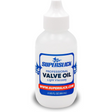 The image shows a 2 fl oz (60 mL) bottle of Superslick Professional Valve Oil, a light viscosity lubricant for brass instruments like trumpets, tubas, and French horns. It is used to keep valves moving smoothly and quickly, preventing sticking and ensuring proper playability. Superslick is a trusted brand in instrument maintenance products.
